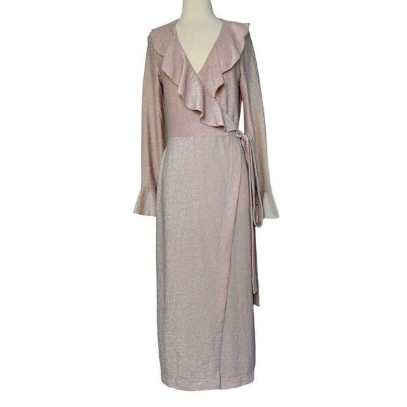 FREE PEOPLE One More Time Lurex Wrap Midi Dress Shimmery Sparkly Metallic Sz M - Picture 2 of 11